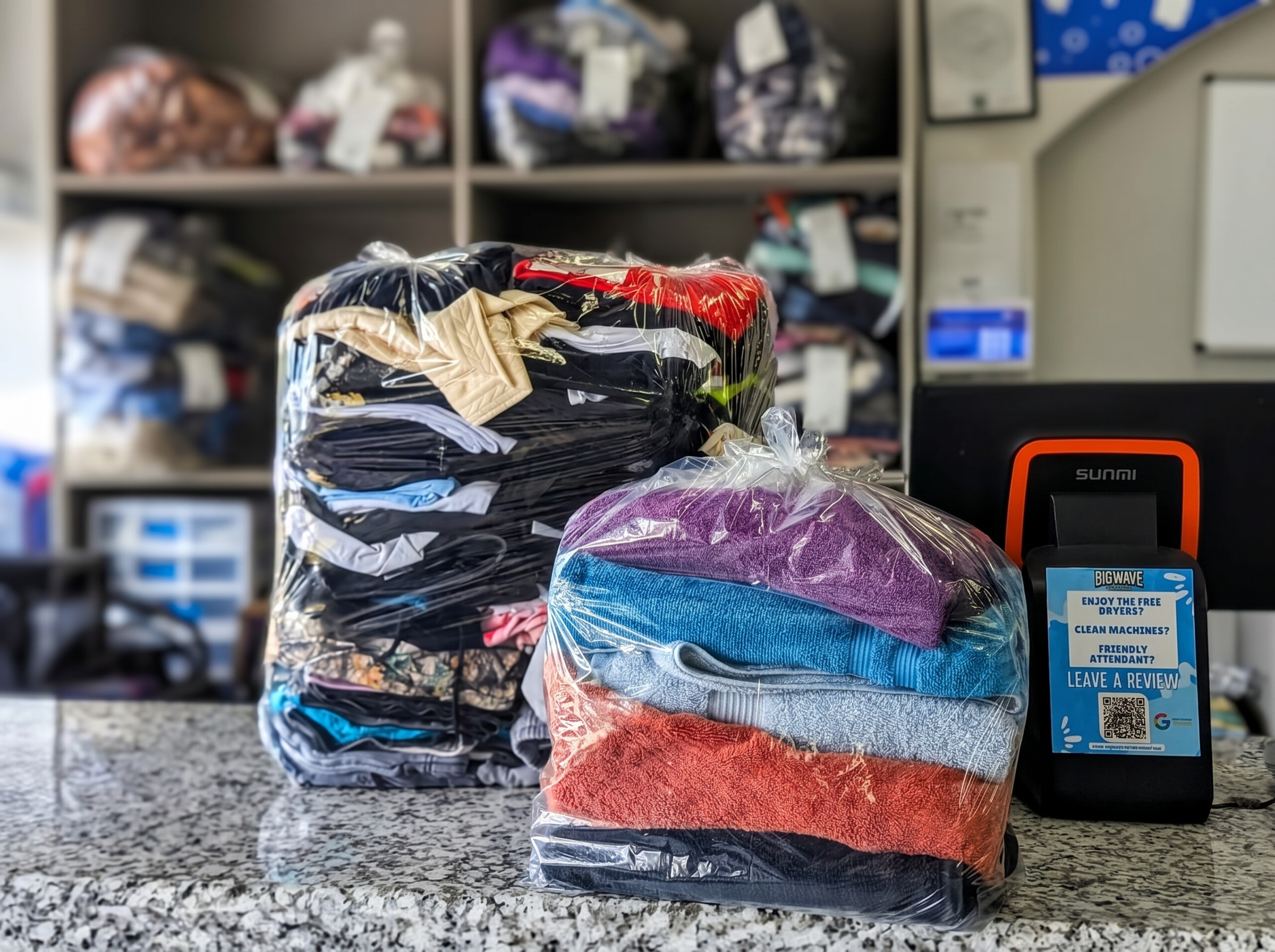 Clean folded laundry ready for pickup at Big Wave Washateria