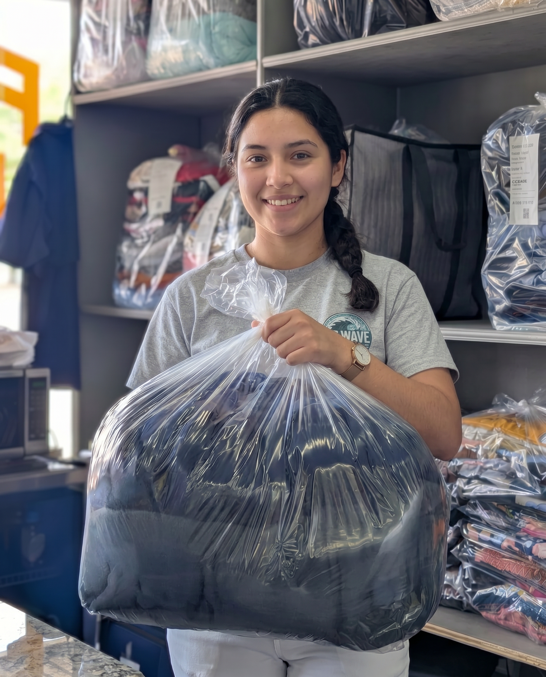 Customer picking up wash dry fold order at Big Wave Washateria